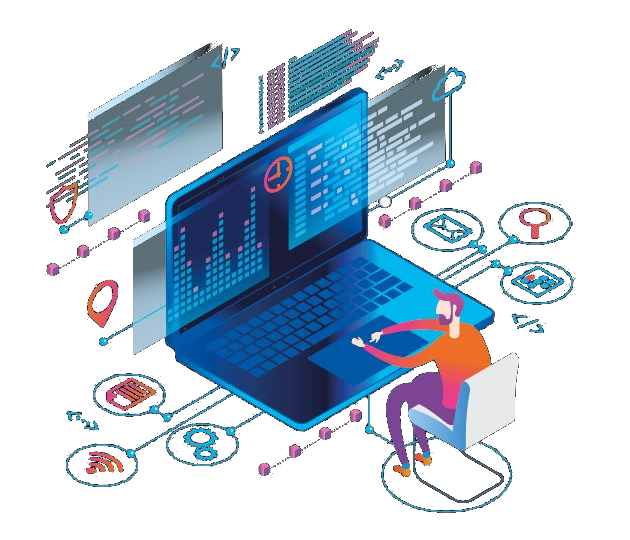 Illustrazione: persona al computer che programma un impianto domotico